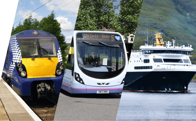 A picture montage of a train, bus and ferry