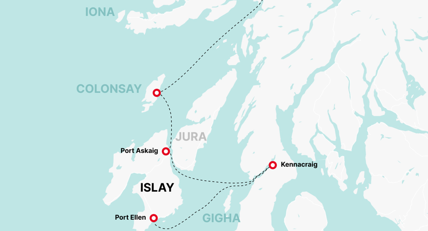 A map showing the Kennacraig to Islay area and ferry route