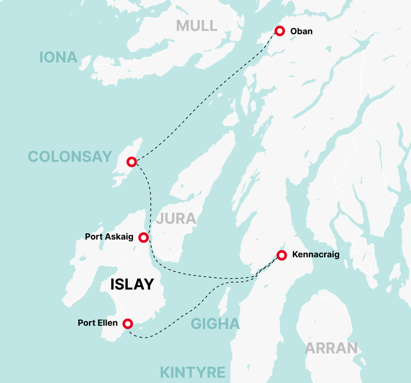 A map showing the Kennacraig to Islay area and ferry route